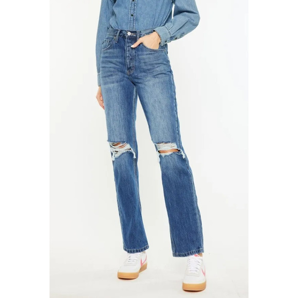 KanCan Ultra High Rise 90's Distressed Knee Medium Wash Boyfriend Denim Jeans - Picture 9 of 9